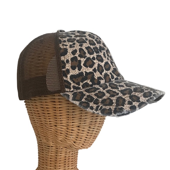 Distressed Canvas, Mesh Back Ponytail Hat Adjustable. Leopard Print - Picture 13 of 13